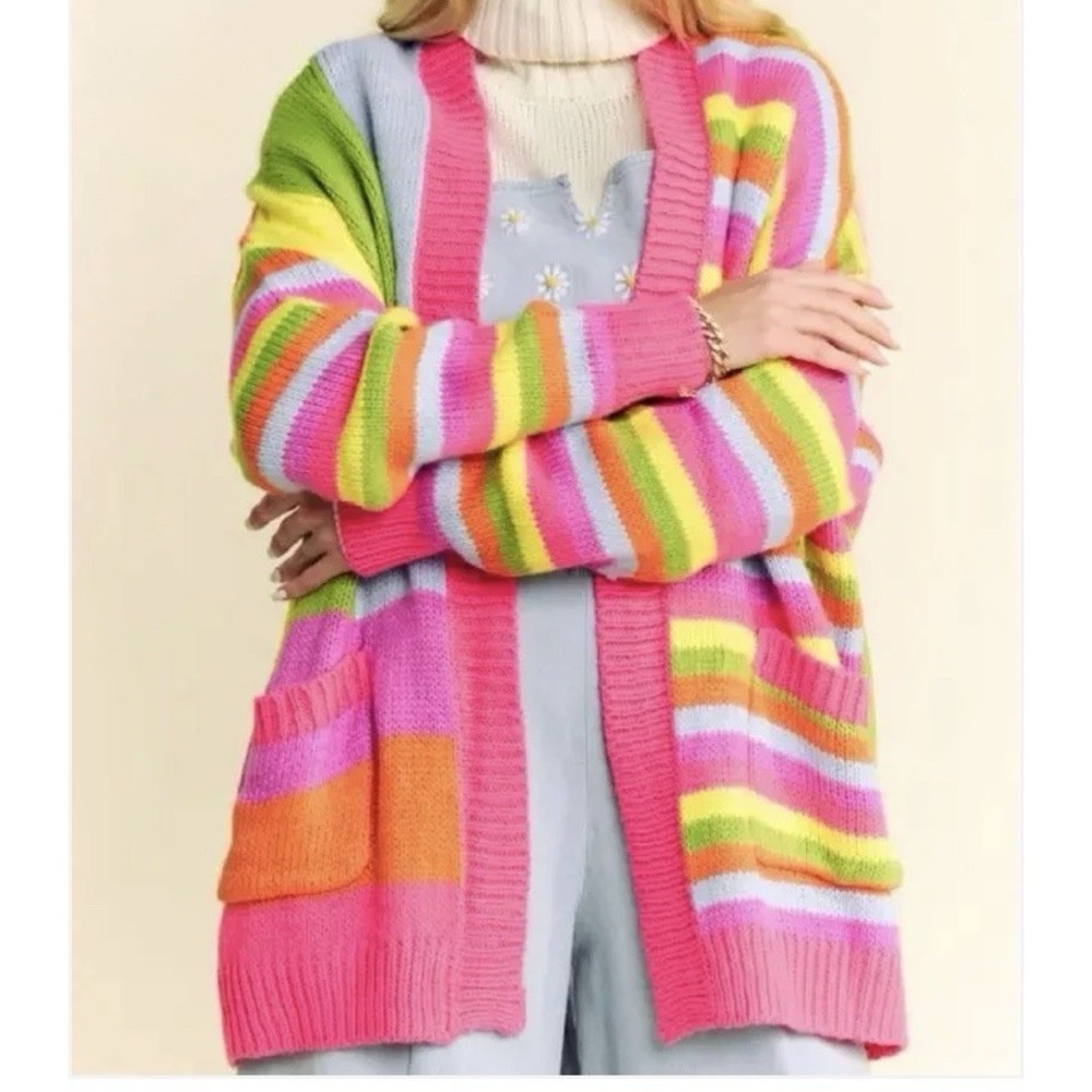 Davi & Dani Colorblock Striped Chunky Knit Cardigan Womens M Open Front Pockets